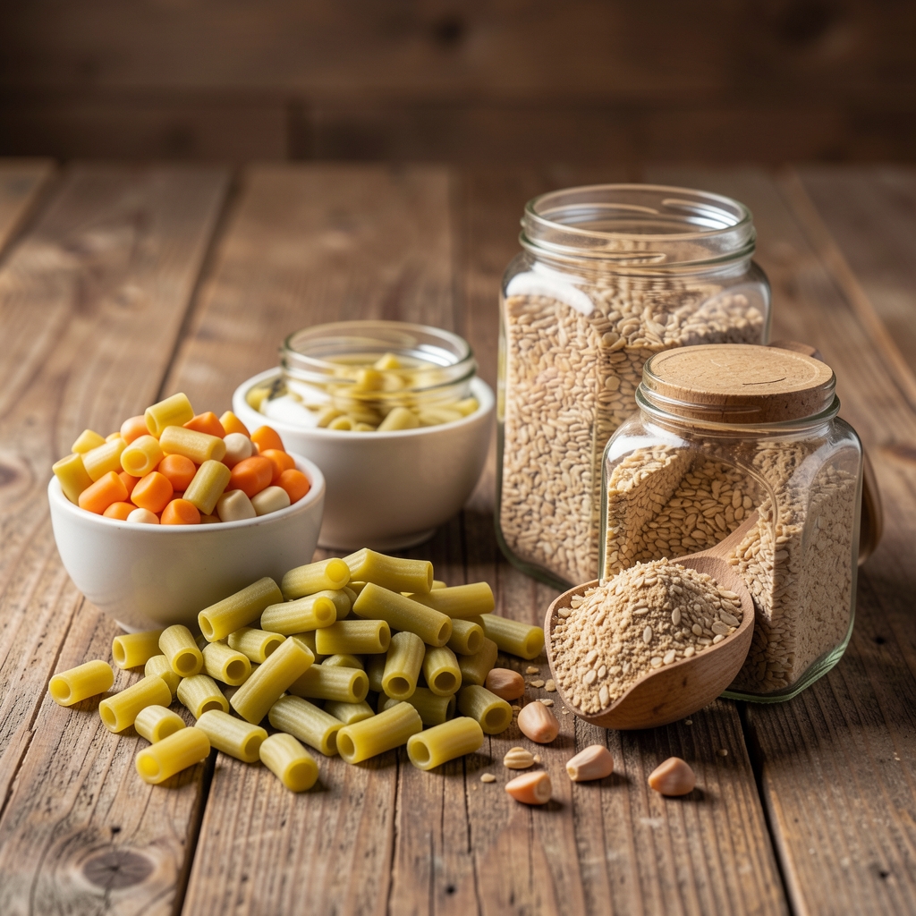 Hülsenfrüchte, Vollkornprodukte und Blattgemüse auf rustikalem Holztisch, natürliches Licht